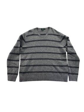 J. Crew Mens Sweater Size XL Gray Striped 100% Lambswool Knit V-Neck Pullover